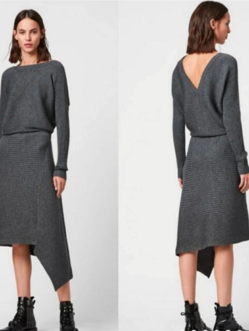 AllSaints Eva Metal Charcoal Asymmetric Hem Knit Dress Size XS